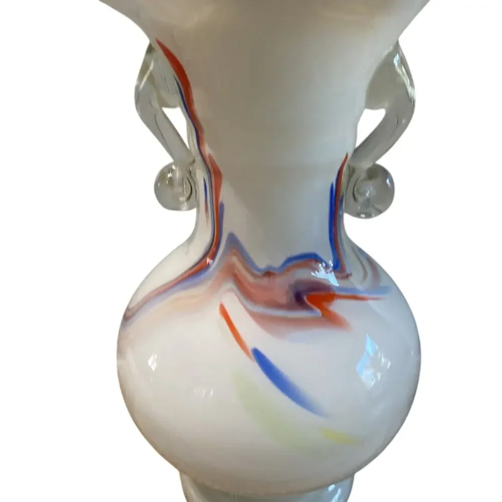 Vintage Dalian Art Glass White Cased Vase Ruffled Edge Double Handle 9.75